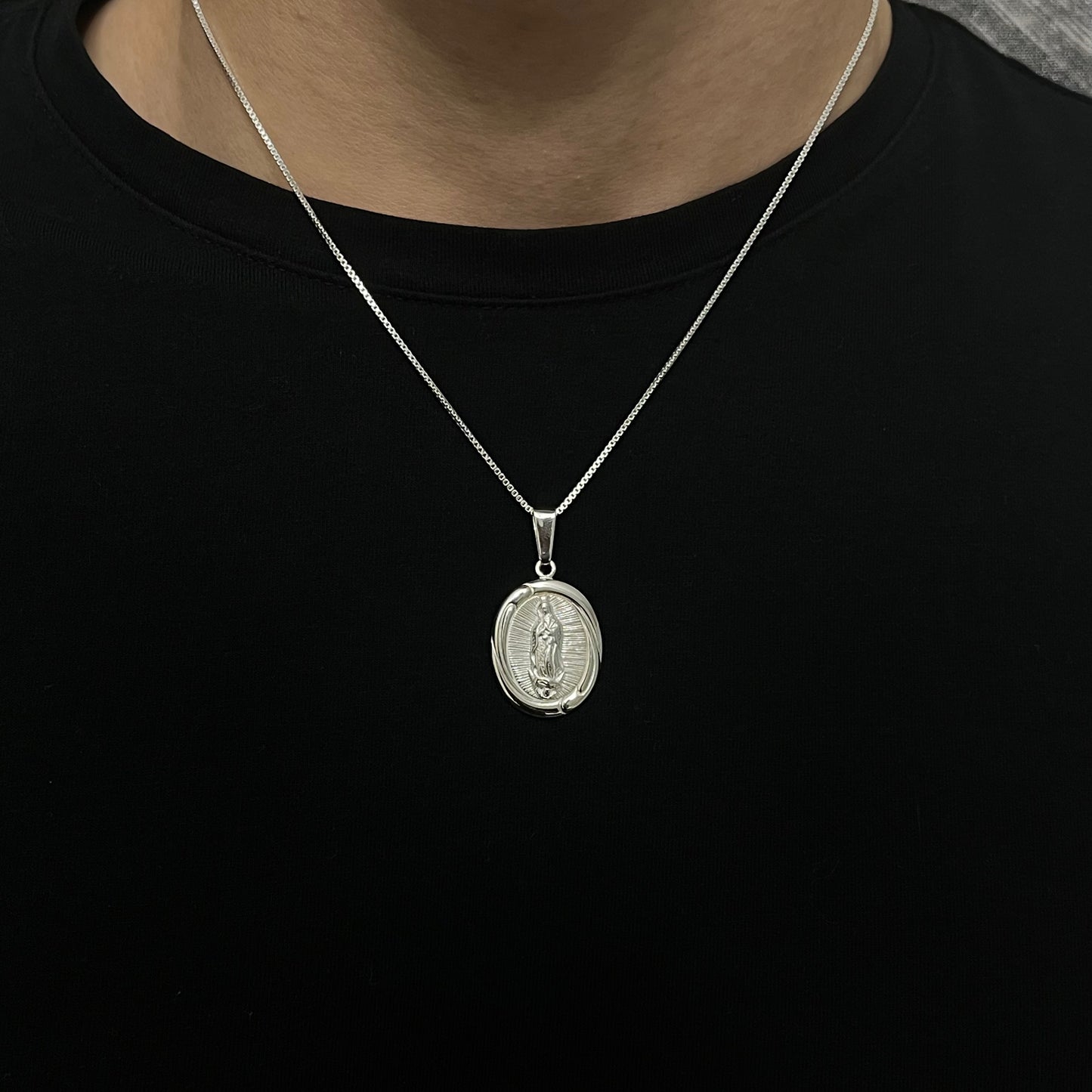 Sterling Silver Virgin Mary Oval Necklace