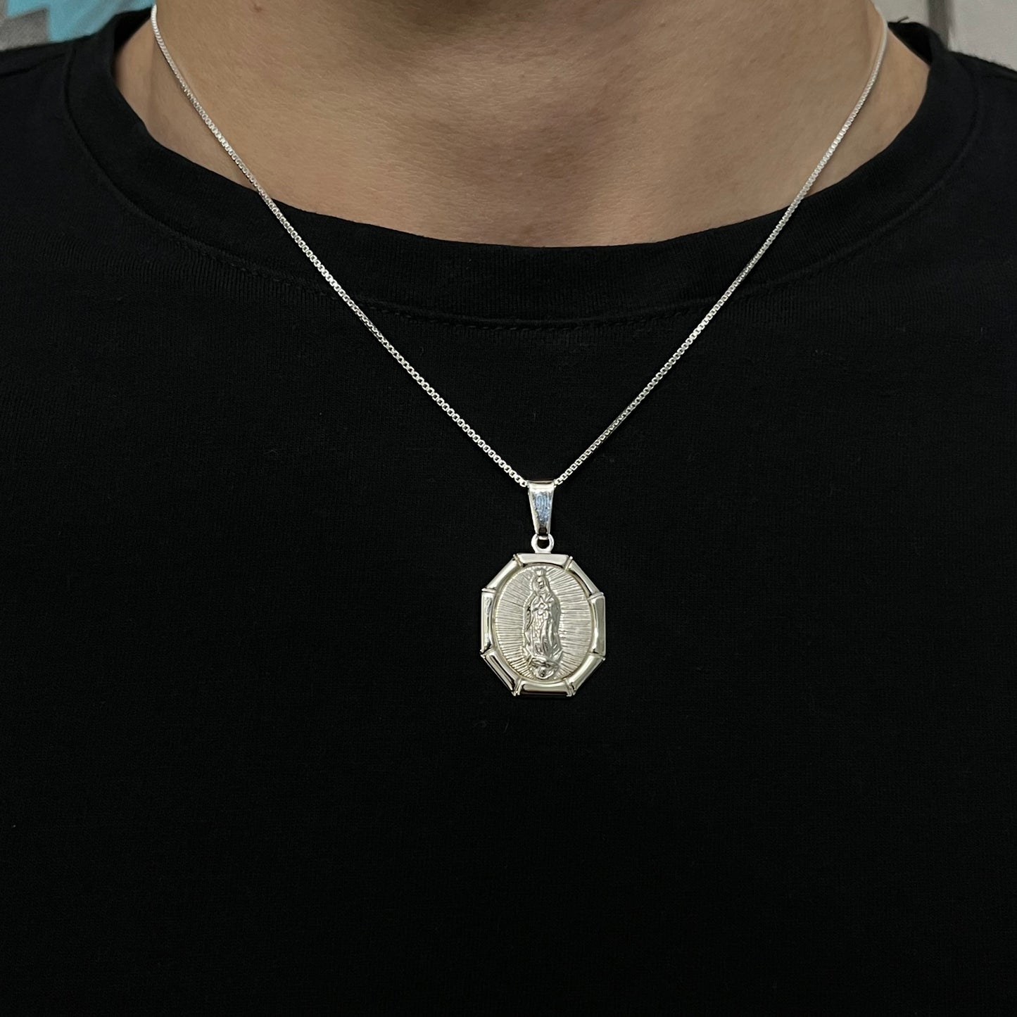 Sterling Silver Virgin Mary Octagon Necklace