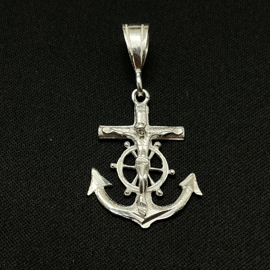 Sterling Silver Textured Anchor Jesus Pendant